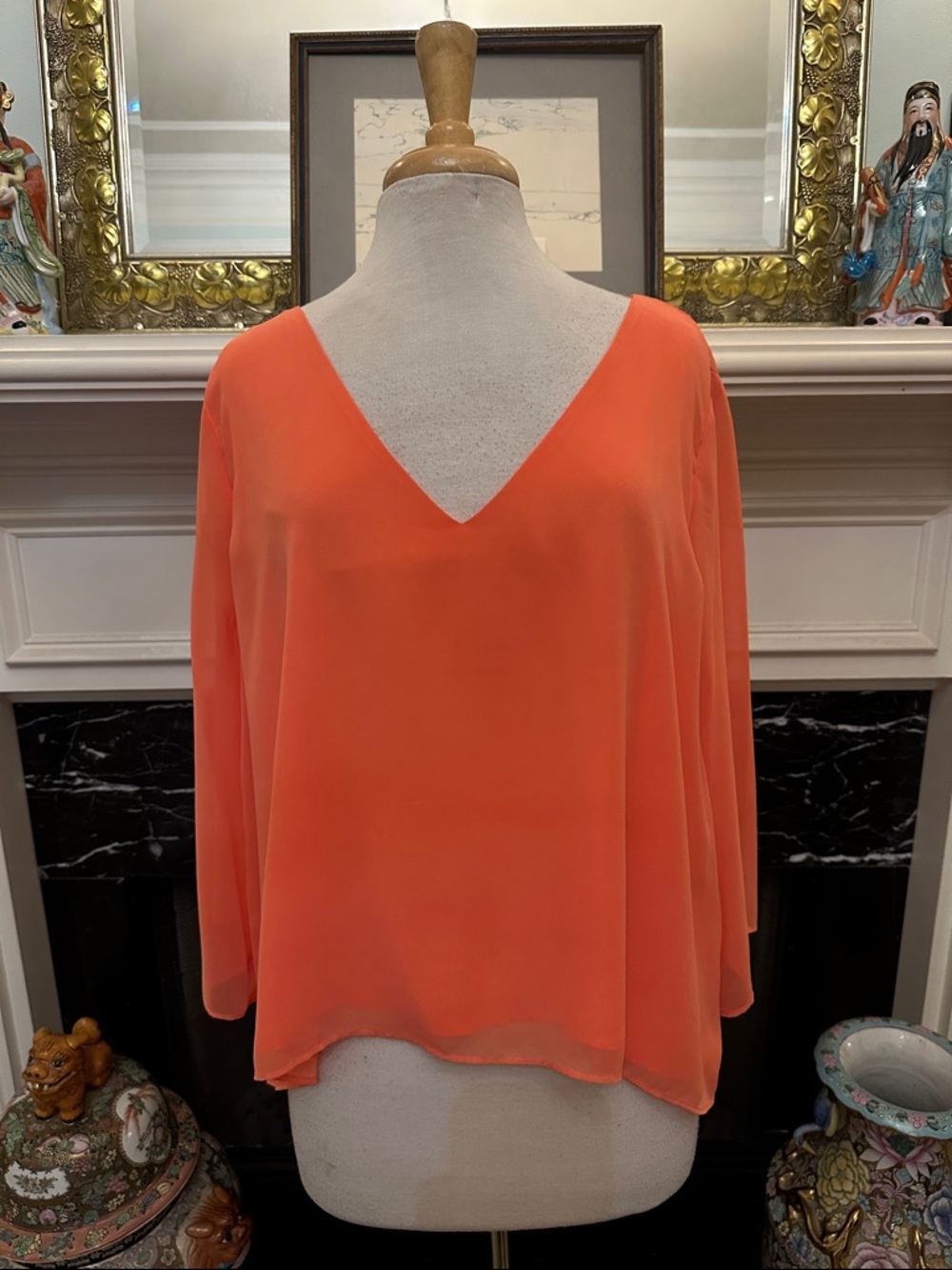 Bisou Bisou Bright Coral V-Neck Lightweight Blouse
